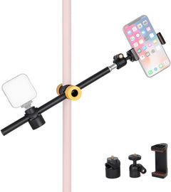 Desk Overhead Camera Mount Arm, 360° Adjustable Holding Arm with 360° Ballhead and Phone Mount Holder for Tripod, Desk Stand, Microphone, Video Light, Webcam, Cell Phone