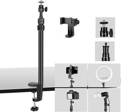 Camera Desk Mount Stand Table Stand with 360° Rotatable Ball Head, 14”–31” Adjustable Desktop Stand with 1/4