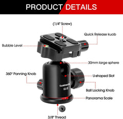 Tripod Ball Head 360 Degree Rotating Panoramic Ballhead with 1/4 inch Quick Release Plate Bubble Level for Tripod, Monopod, Slider, Camera, Load up to 17.6lbs/8kg