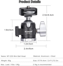 Mini Ball Head, Camera BallHead Metal Mini Ball Head 360 Degree Rotating with Cold Shoe Mount for Camera Camcorder Tripod Monopod Slider Smartphone Light