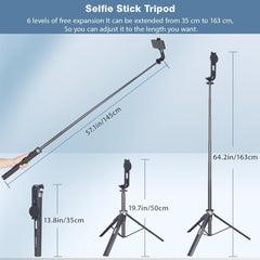 64" Selfie Stick,Magnetic Selfie Stick,Tablet Floor Stand, with Wireless Remote and Tripod Stand, Compatible with iPhone, Samsung Smartphone and Other Width 2.16-7IN-Screen Devices