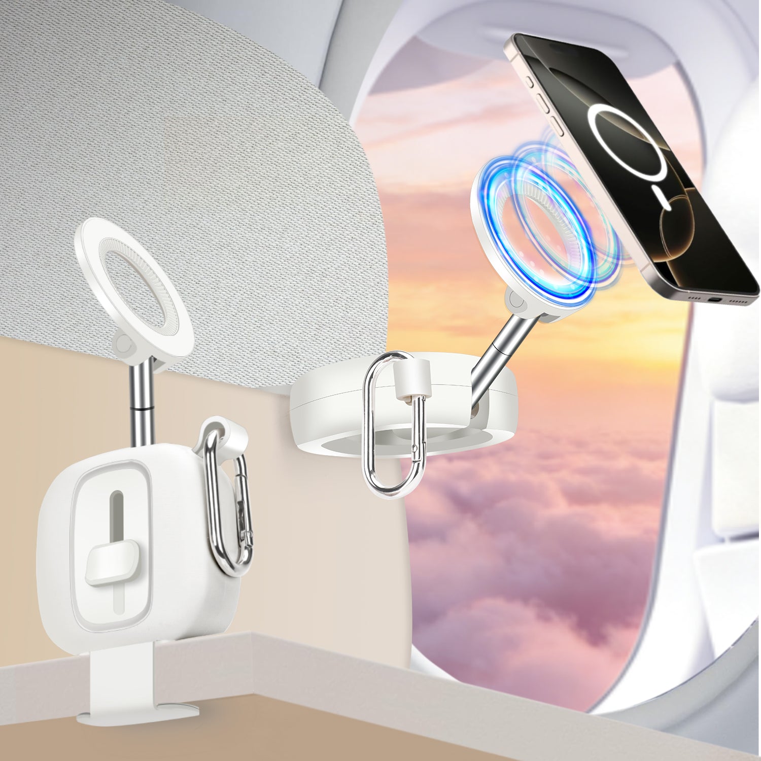 Travel Essentials Magnetic Airplane Phone Holder for MagSafe, 360° Swivel Universal Phone Stand for iPhone, Galaxy Smartphones, Long Flight Must Have Mini Vacation Cruise Essentials - White