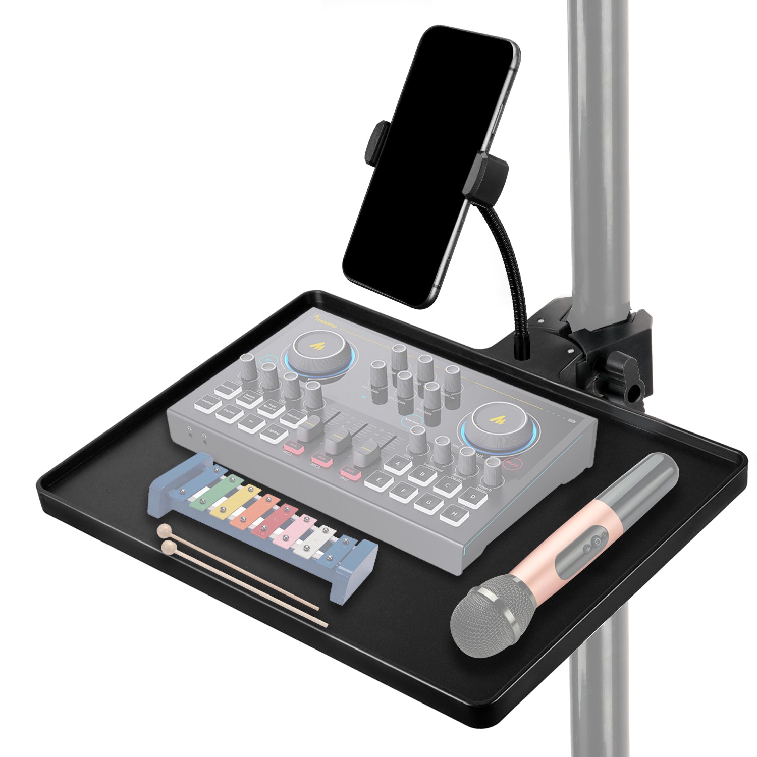Microphone Stand Tray with Phone Holder, 10.6" x 8" Large Tray Holder with Crab Clamp Compatible with Most Mic Stands for Stage, Live Streaming, Concert Performance, Karaoke