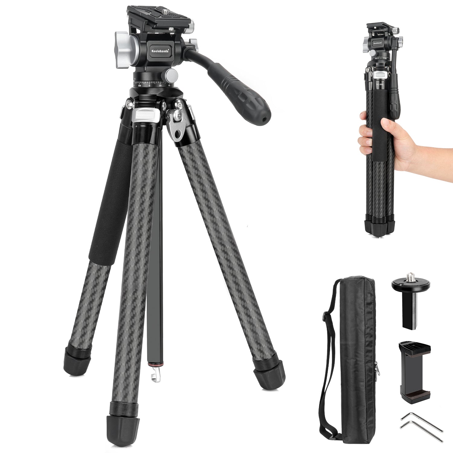 Koolehaoda Video Travel Tripod, 63" Lightweight Aluminum Camera Tripod with 360° Panorama Fluid Head, Quick Release Leg Setup for Travel, Video, Live Streaming, Vlogging