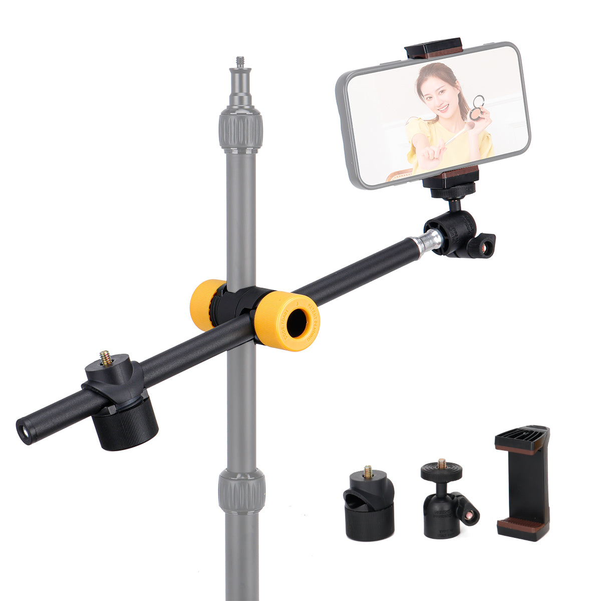 Koolehaoda Desk Overhead Camera Mount Arm, 360° Adjustable Holding Arm with 360° Ballhead and Phone Mount Holder for Tripod, Desk Stand, Microphone, Video Light, Webcam, Cell Phone