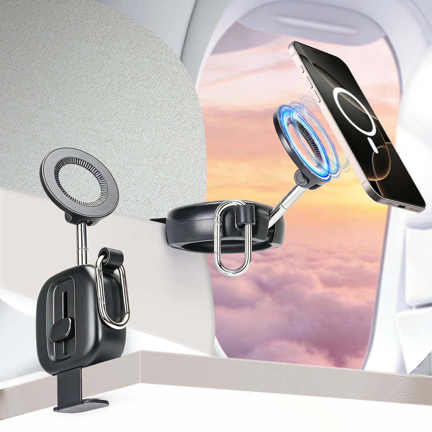 Travel Essentials Magnetic Airplane Phone Holder for MagSafe, 360° Swivel Universal Phone Stand for iPhone, Galaxy Smartphones, Long Flight Must Have Mini Vacation Cruise Essentials - Black