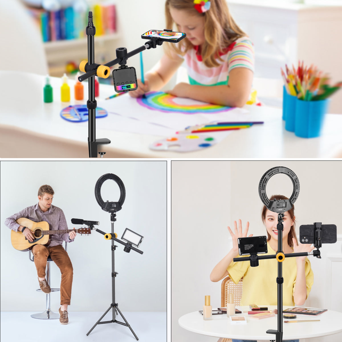 Koolehaoda Desk Overhead Camera Mount Arm, 360° Adjustable Holding Arm with 360° Ballhead and Phone Mount Holder for Tripod, Desk Stand, Microphone, Video Light, Webcam, Cell Phone