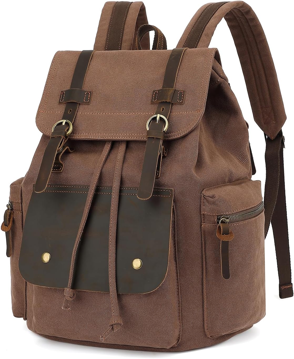 koolehaoda Vintage Canvas Backpack Fits 15.6 Inch Laptop Leather trim Rucksack Knapsack Unisex Casual Backpack for Travel/Outdoor/Hiking Casual Rucksack  1040-coffee