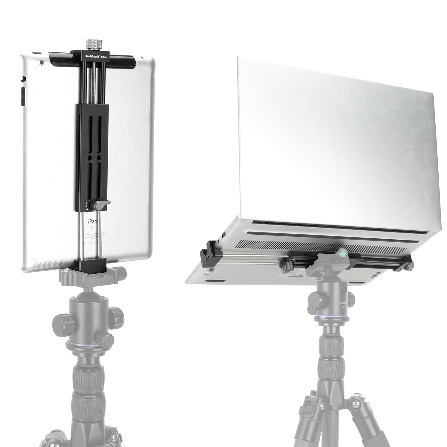 koolehaoda Aluminum iPad Tripod Holder Mount Adapter w 2 Acra Dovetail Mounts, 1/4" Screw & Cold Shoe (5.4” to 13”) Adjustable Universal Tablet Clamp Video Recording for iPhone iPad Air Mini