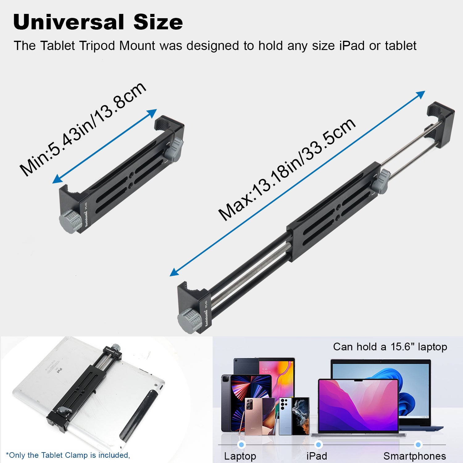 koolehaoda Aluminum iPad Tripod Holder Mount Adapter w 2 Acra Dovetail Mounts, 1/4" Screw & Cold Shoe (5.4” to 13”) Adjustable Universal Tablet Clamp Video Recording for iPhone iPad Air Mini