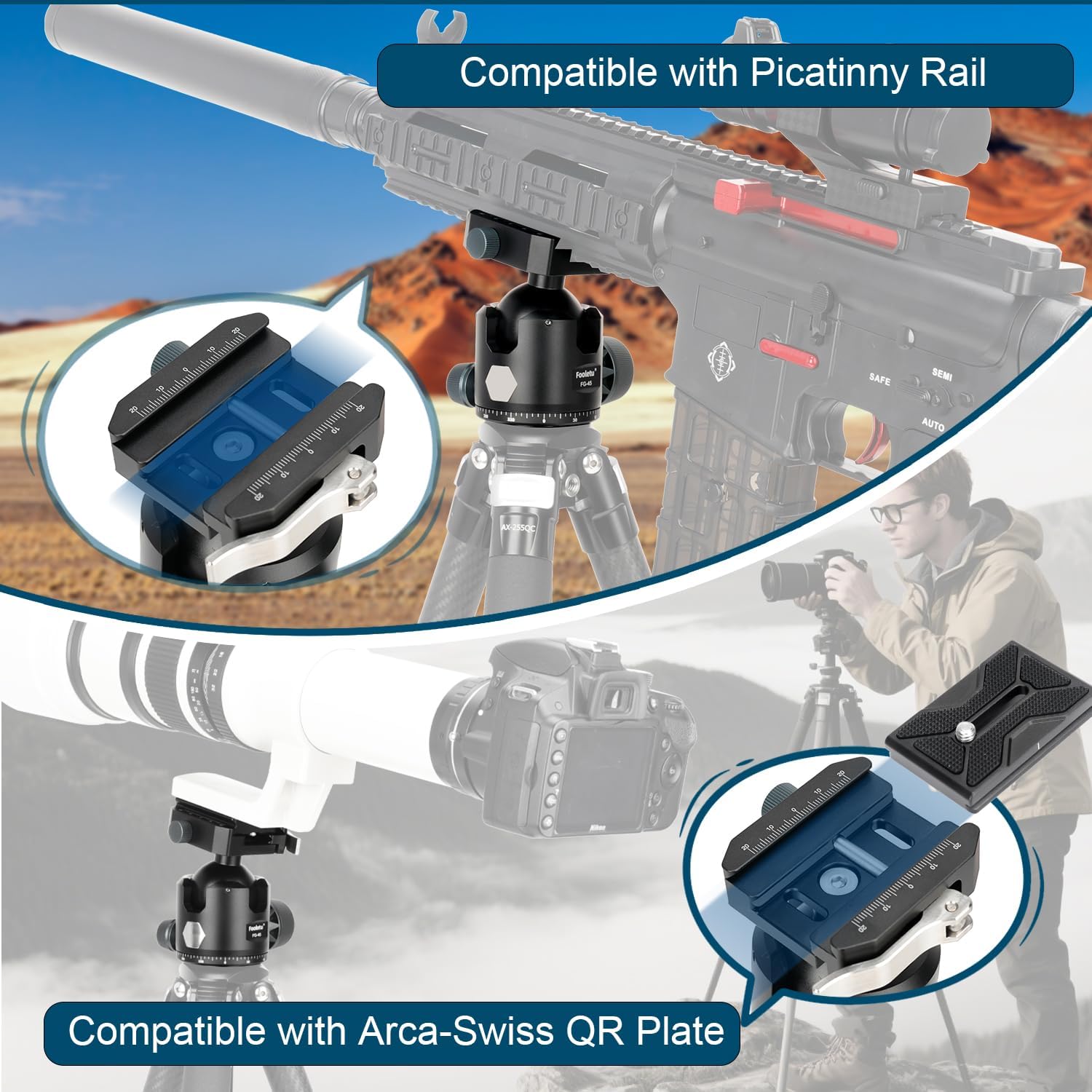 Fooletu 45mm Ball Head Aluminum Tripod Head 360° Rotating Panoramic Ballhead Compatible with Picatinny and Arca-Swiss for Hunting Shooting Tripod DSLR Camera, Max Load up to 44lb  FG-45