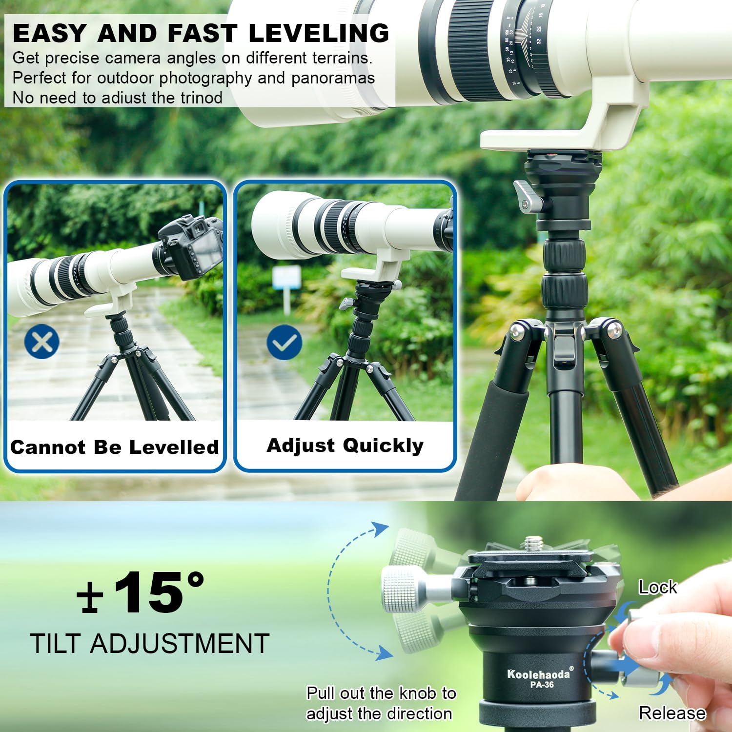 Koolehaoda Tripod Head Leveling Base Camera Leveler, Aluminum Half Ball Inclination 15°, with 1/4" Arca Quick Release Plate for DSLR Camera Camcorder, Video Head, Tripod and Monopod