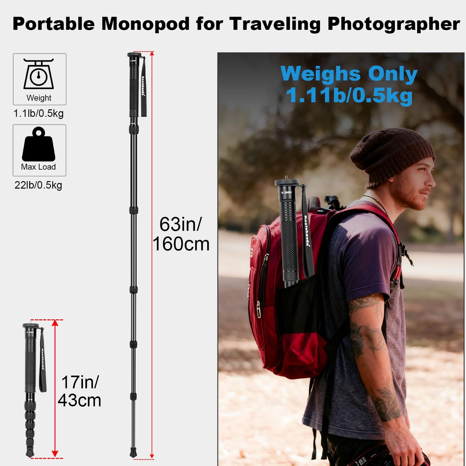 Koolehaoda Camera Monopod, 63" Aluminum Portable Travel Monopod Photography Stick with Phone Stand Walking Stick Handle for Canon, Nikon, Sony, Video Camcorder, DSLR, Easy to Carry   K-266N