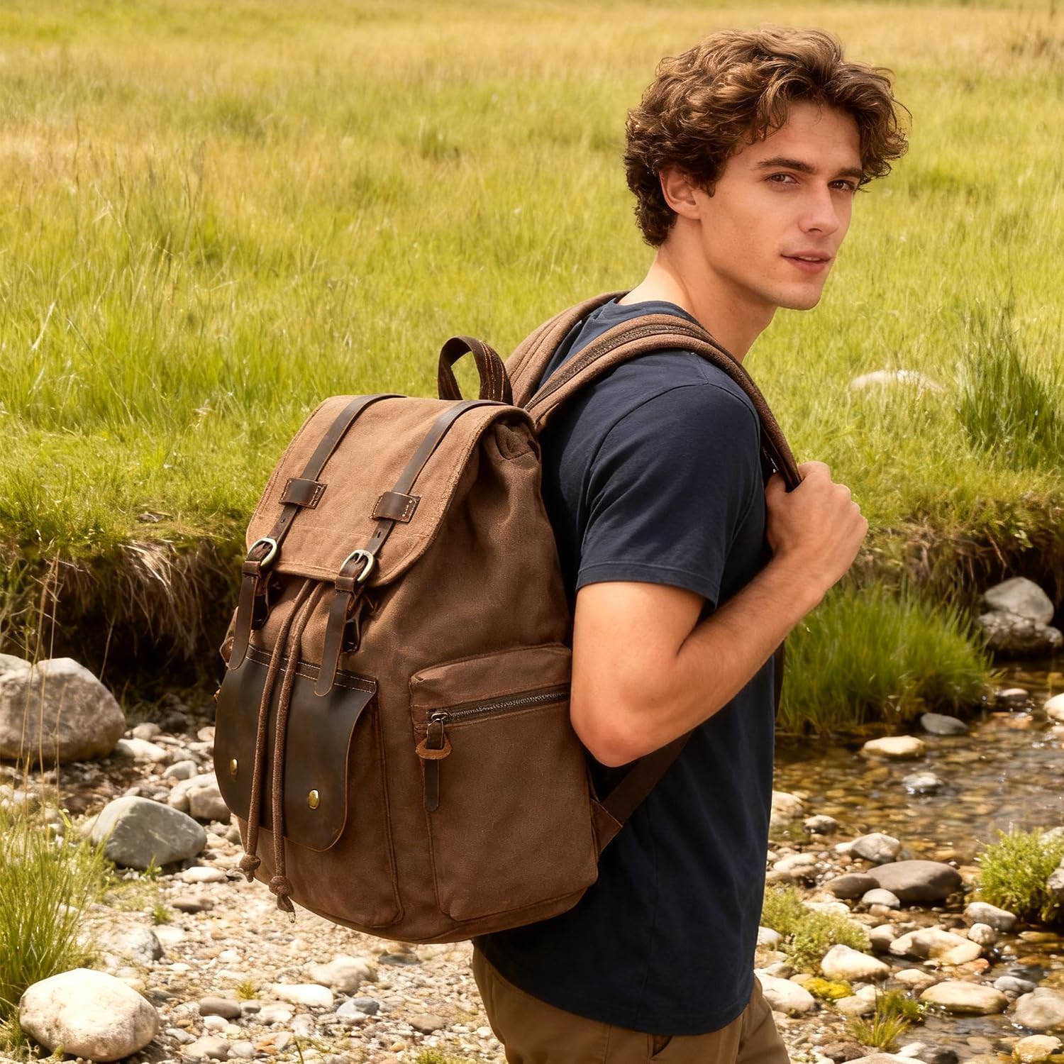 koolehaoda Vintage Canvas Backpack Fits 15.6 Inch Laptop Leather trim Rucksack Knapsack Unisex Casual Backpack for Travel/Outdoor/Hiking Casual