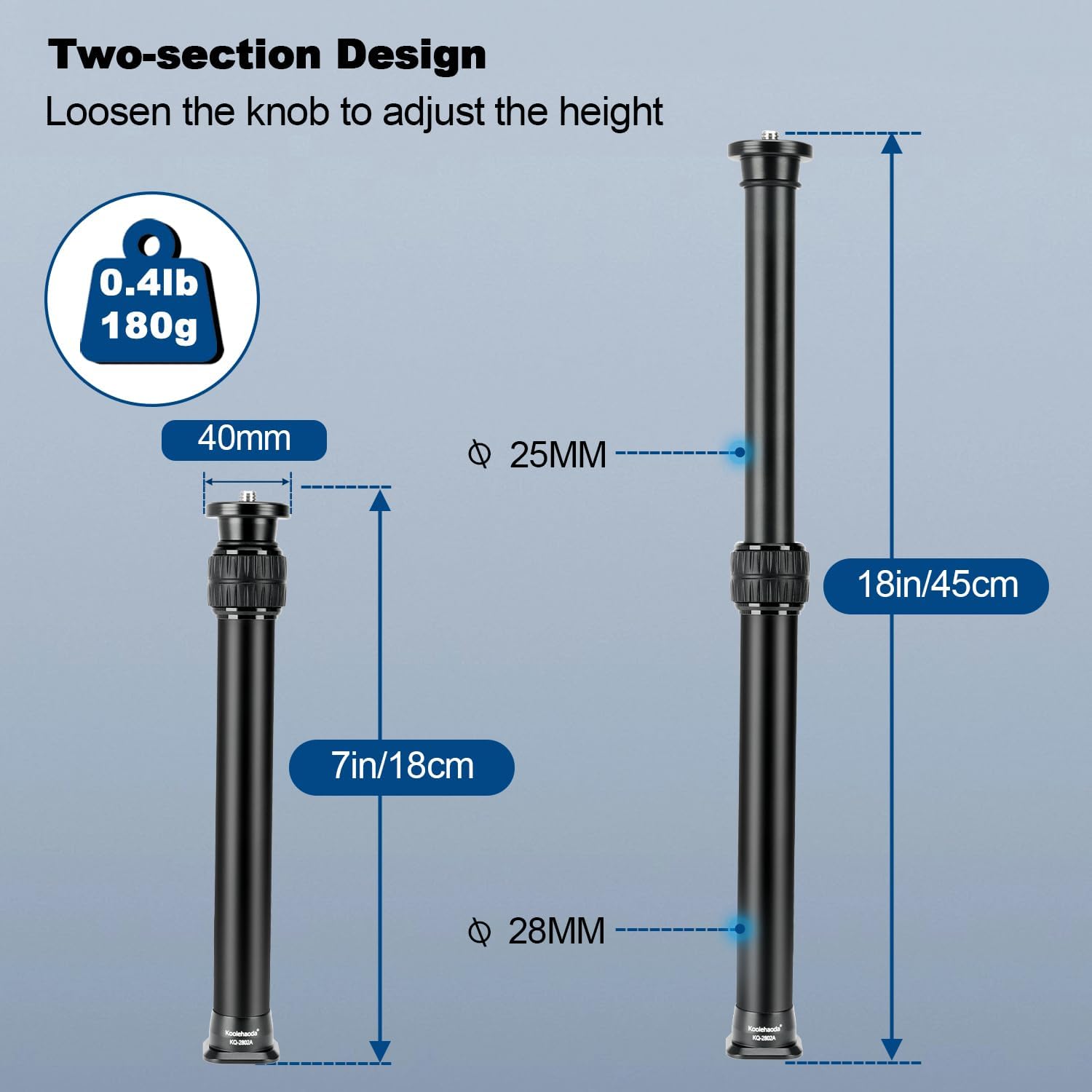 Koolehaoda Tripod Extension Pole, 2-Section Aluminum Center Column Extender Rod Telescopic Stick Monopod with Arca Port for Tripod/Ball Head/Gimbal/Camera, Max Load 33lb