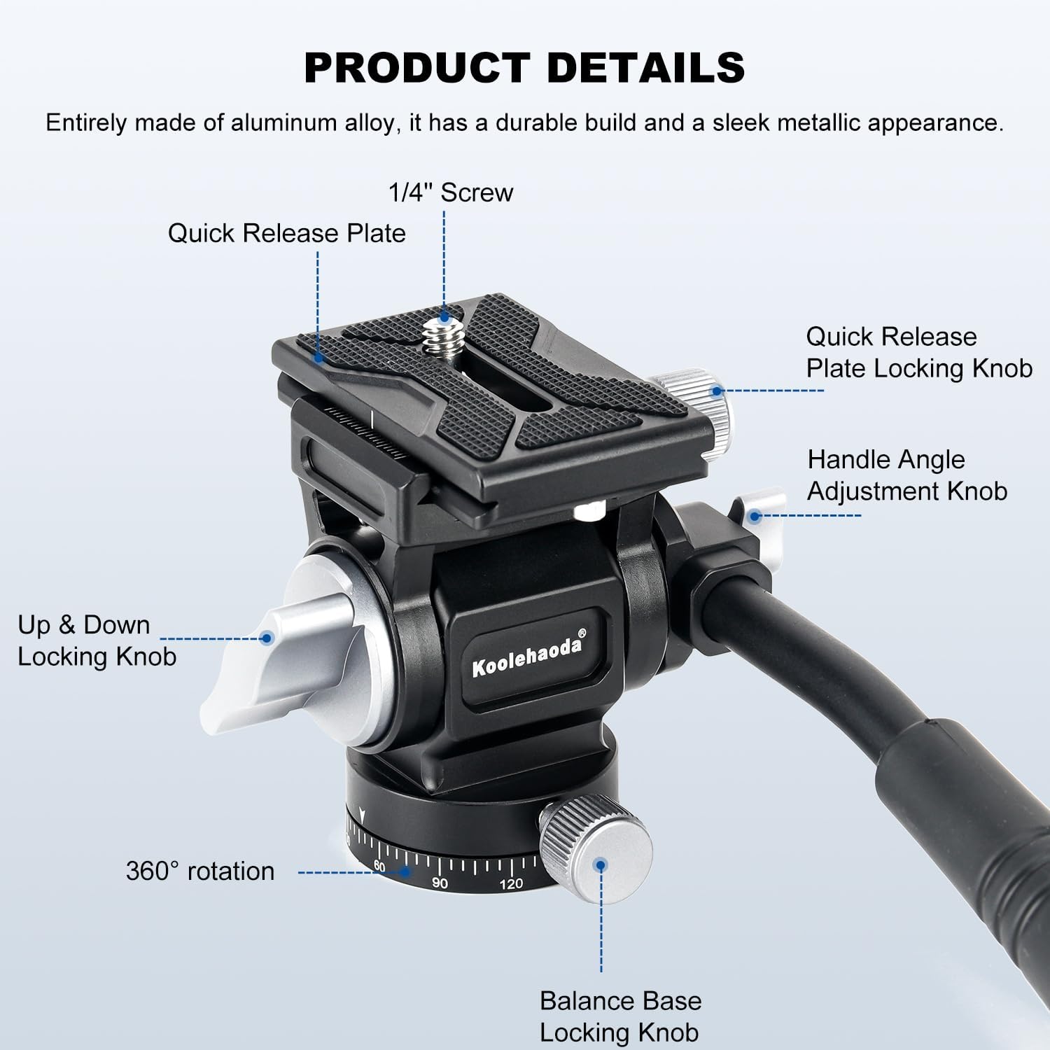 Koolehaoda Tripod Fluid Head Pan Tilt Head with Quick Release Plate and Handle, Metal Camera Tripod Head Compatible with Arca Swiss for Compact Video Cameras DSLR Cameras, Load up to 5KG