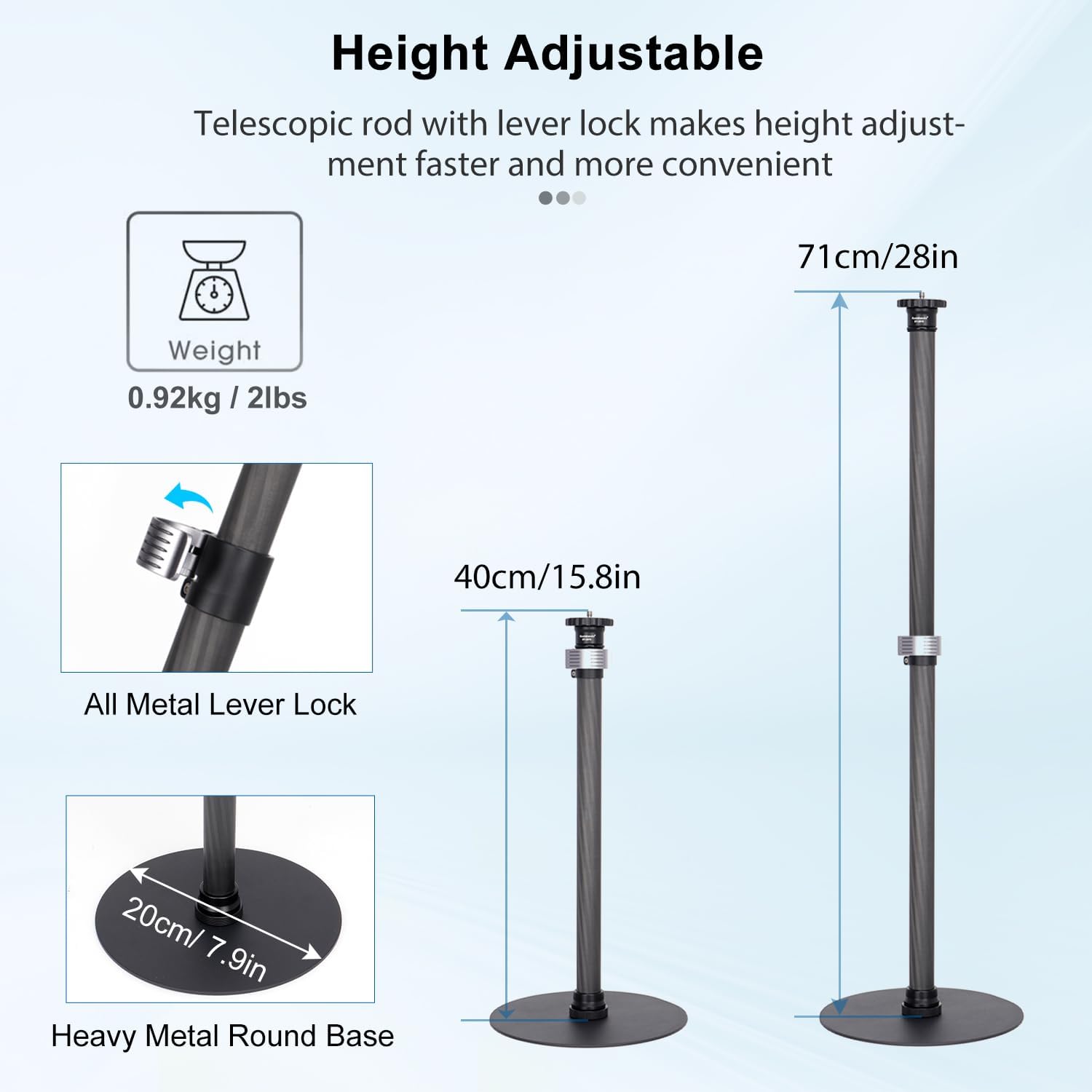 Koolehaoda Tripod Stand Extendable Monopod Carbon Fiber Pole wiht Round Base for Desk, 360° Rotatable Ballhead Tabletop Webcam Stand for DSLR Camera, Light, Webcam, Live Streaming, Vlogging  ST-2070+BallHead