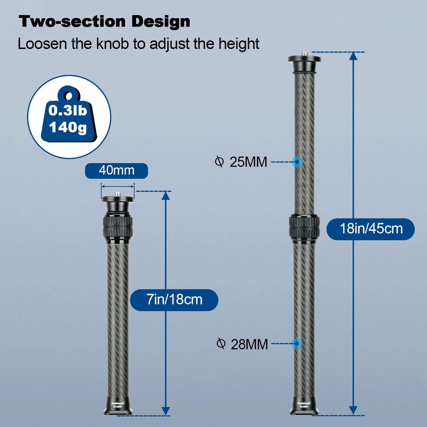 Koolehaoda Tripod Extension Pole, 2-Section Center Column Carbon Fiber Extender Rod Telescopic Stick Monopod with Arca Port for Tripod/Ball Head/Gimbal/Camera, Max Load 33lb
