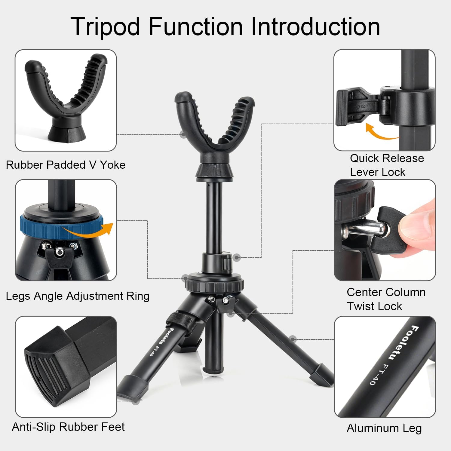 Fooletu Portable Shooting Rest Tripod Rifle Stand for Range, 360 Rotation V Yoke Holder - Lightweight Bench Rest for Target Shooting, Hunting and Outdoor Activities   FT-40