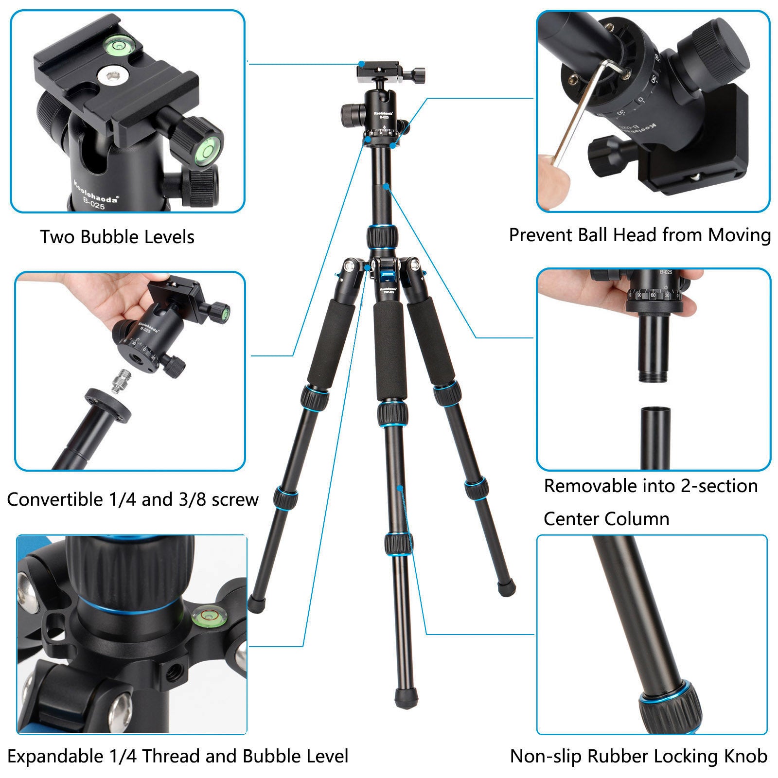 Koolehaoda Mini Tripod Aluminum Alloy Tabletop Tripod Height 21-63.5cm with Carrying Bag for DSLR Camera Video Camcorder, Load up to 22lbs /10kg - (TMP-223 Blue)