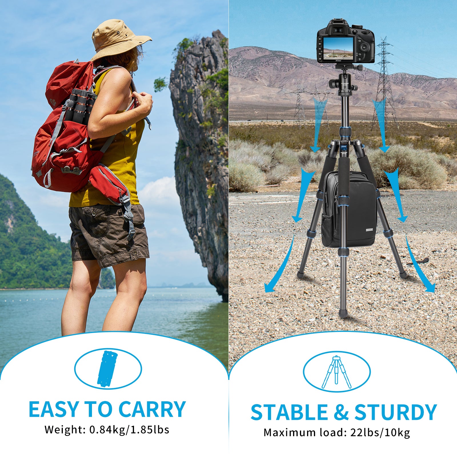 Koolehaoda Mini Tripod Aluminum Alloy Tabletop Tripod Height 21-63.5cm with Carrying Bag for DSLR Camera Video Camcorder, Load up to 22lbs /10kg - (TMP-223 Blue)