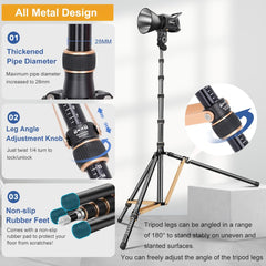 Koolehaoda Light Stand Adjustable Tripod Stand 2-8ft Sturdy Aluminum Alloy Tripod with 180° Reversible Legs and 1/4" to 3/8" Screw Adapter for Speedlight Flash Softbox Strobe Light Camera