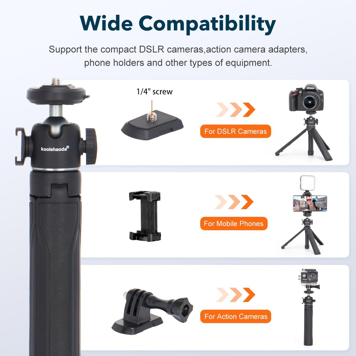 Camera Tripod Mini Tabletop Tripod Portable Vlog Travel Selfie Stick Extendable Tripod Stand with 360° Ball Head 1/4" Screw Quick Release Accessories for GoPro Camera Webcam and Smart Phone