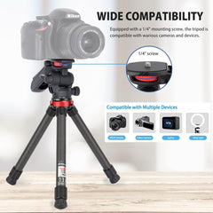 Mini Camera Tripod Carbon Fiber Tabletop Tripod with Phone Holder Handle 360° Pan & Tilt Head, Lightweight and Compact Travel Tripod Desktop Stand for Mirrorless Camera and Smartphone