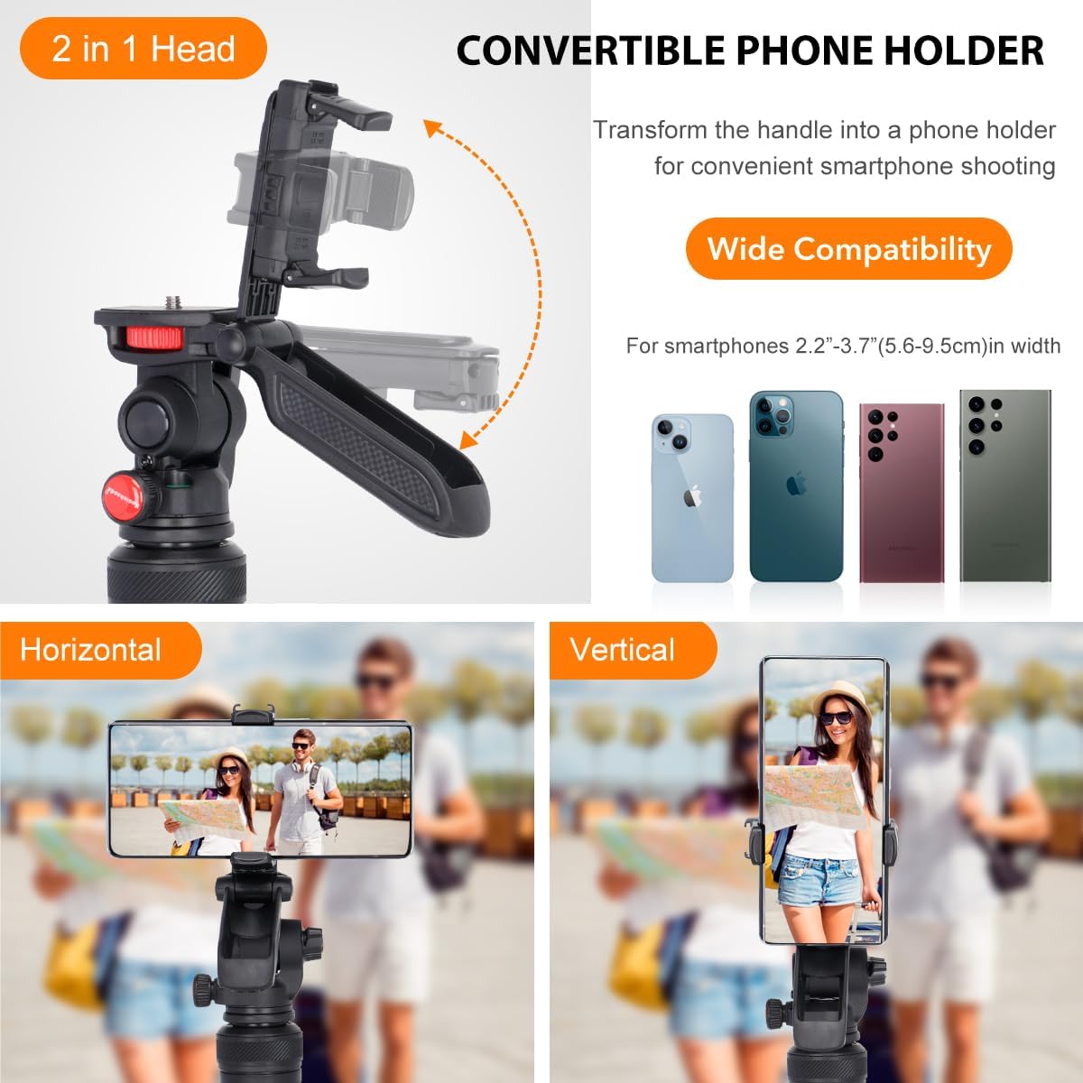 55" Phone Tripod Aluminum Extendable Travel Tripod with 360° Pan & Tilt/Phone Holder for Mirrorless/DSLR Camera/Phone, Max Load 6.6 Lbs