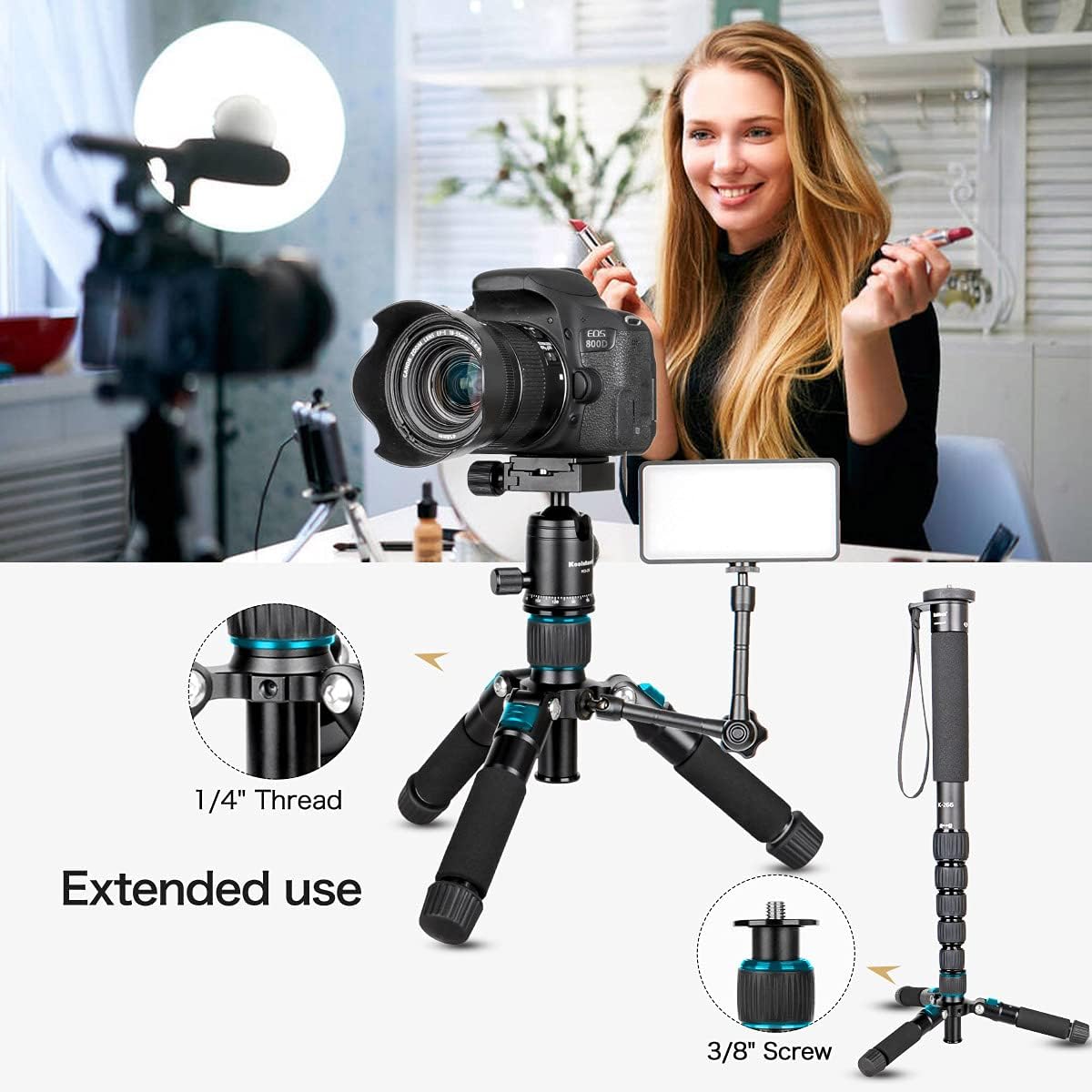 Koolehaoda Compact Mini Desktop Statief Aluminium 20 in/51 cm met 360° Ball Head en Tas, Belasting tot 11lbs/5kg - (zwart Koolehaoda Compact Mini Desktop Statief Aluminium 20 in/51 cm met 360° Ball Head en Tas, Belasting tot 11lbs/5kg - (zwart