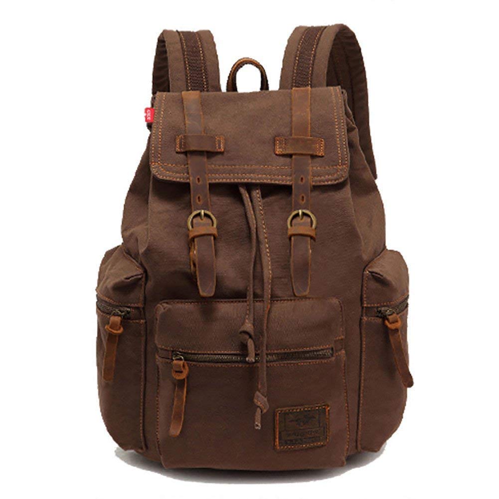 Koolehaoda Vintage Canvas Backpack Leather Rucksack Knapsack Unisex Casual Backpack 17inch Laptop Backpack Hiking Bag