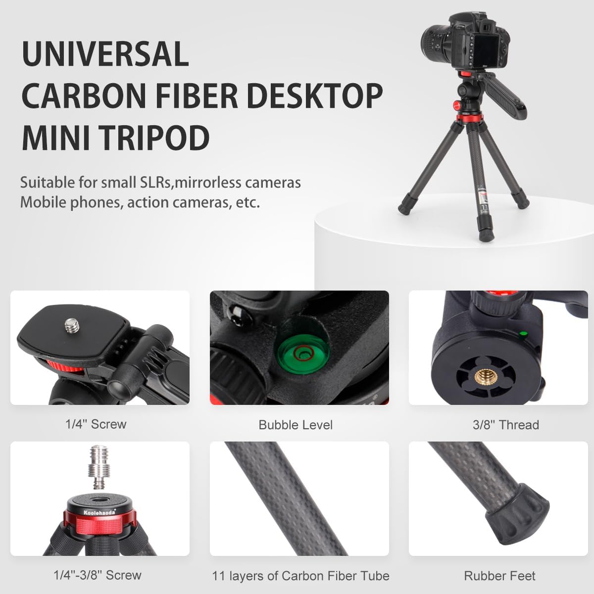 Mini Camera Tripod Carbon Fiber Tabletop Tripod with Phone Holder Handle 360° Pan & Tilt Head, Lightweight and Compact Travel Tripod Desktop Stand for Mirrorless Camera and Smartphone