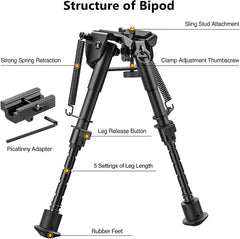 Fooletu Rifle Bipod, Carbon Fiber Bipod 6-9 Inch Adjustable Tactical Bipod Picatinny Bipod for Rifle with Rail Mount Adapter