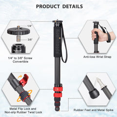 Monopod for Camera Carbon Fiber Photography Monopod Unipod Stick 65" Lightweight & Compact Travel Monopod for DSLR Canon Nikon Sony Video Camcorder, Easy to Carry (MP-285EC)