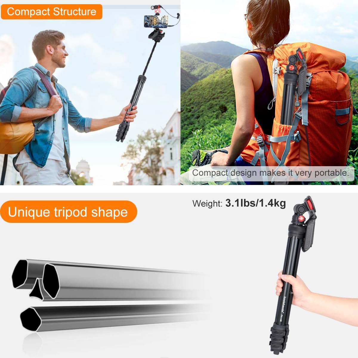 55" Phone Tripod Aluminum Extendable Travel Tripod with 360° Pan & Tilt/Phone Holder for Mirrorless/DSLR Camera/Phone, Max Load 6.6 Lbs