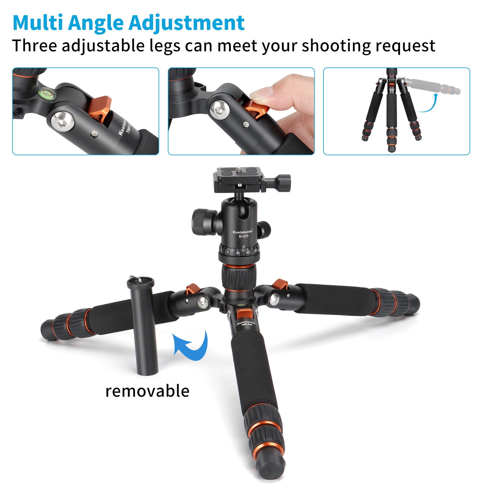 Koolehaoda Mini Tripod Aluminum Alloy Tabletop Tripod Height 21-63.5cm with Carrying Bag for DSLR Camera Video Camcorder, Load up to 22lbs /10kg - (TMP-223 Orange)