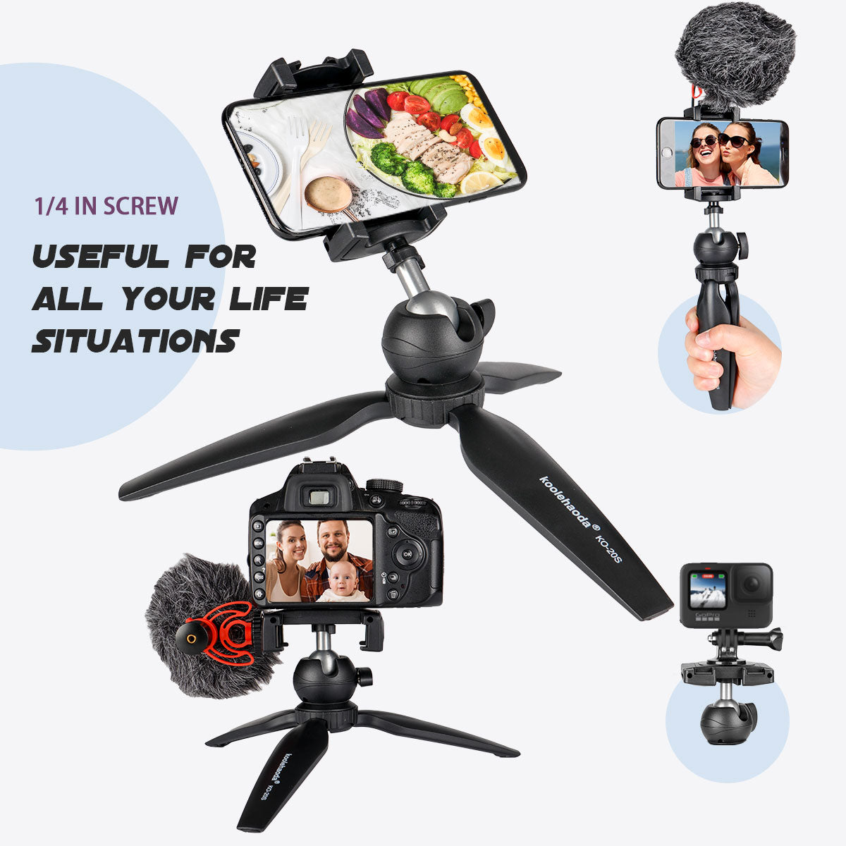 Koolehaoda Mini Tripod Stand with Universal Clip, Small Handheld Grip Tripod Desktop Tabletop Tripod Stand for iPhone/Sports Camera/Compact DLSR/Webcam/Projector - KQ-20S