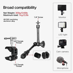 11" Magic Arm with Large Crab Clamp and Hot Shoe Mount 1/4" Magic DSLR Tripod Arms Kit for Photography,Camera Rig, LED Light,Flashlight,Microphone