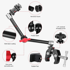 11" Adjustable Articulating Friction Magic Arm & Large Super Clamp Compatible with DSLR Camera Rig, LED Lights, Flash Light, LCD Monitor