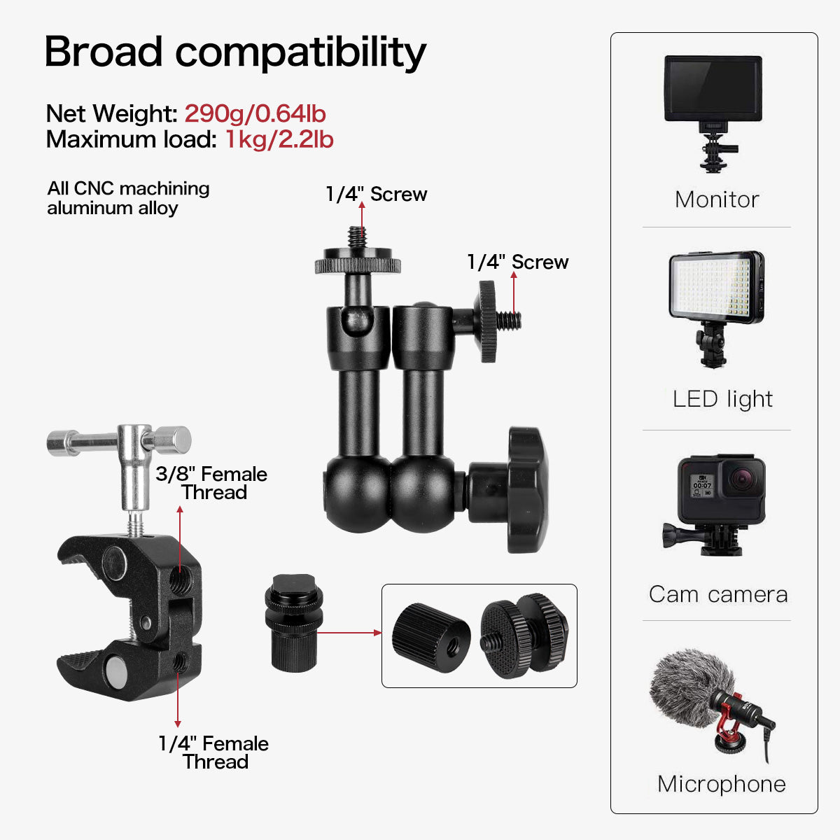 7" Magic Arm and Hot Shoe Mount 1/4" Magic DSLR Tripod Arms Kit for Photography, Video,Camera Rig, LED Light,Flashlight,Microphone