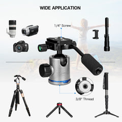 Camera Tripod Ball Head with Handle and Quick Shoe Plate 360° Panoramic Head for Tripod, Monopod DSLR Camera Camcorder, Load up to 17.6 pounds/8 kg
