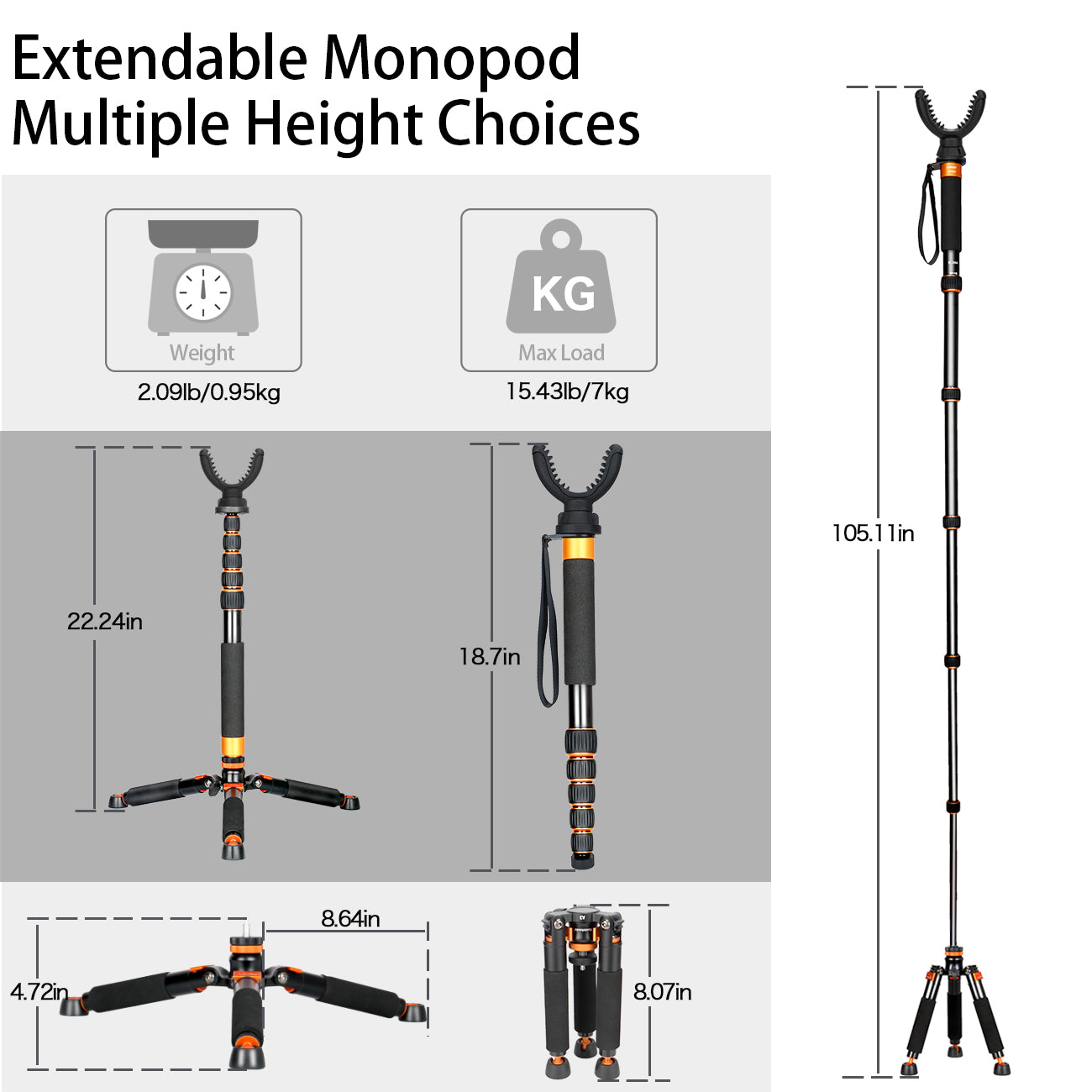 Koolehaoda Shooting Stick Monopod with Tripods Base and 360 Degree Rotate U Yoke Holder Gun Pod Rifle Rest, Adjustable Stick Height for Hunting, Shooting and Outdoors-(K-266+A3)