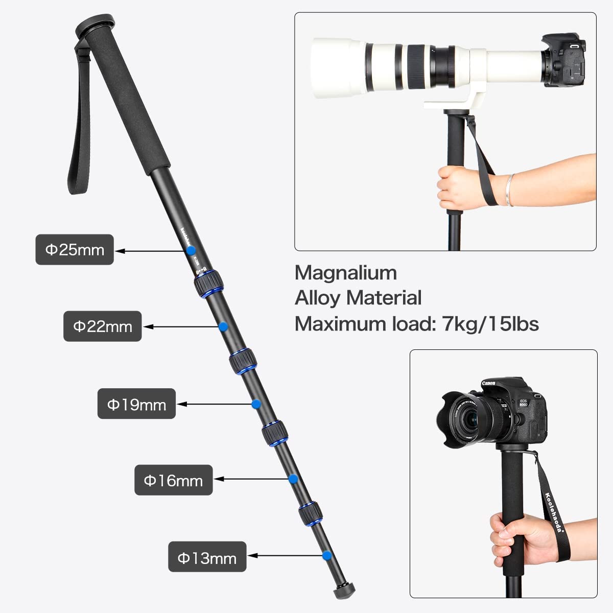 Koolehaoda Aluminum Camera Monopod (5-Section) With Handle - 168cm Max, 7kg Load, Doubles As Hiking Pole