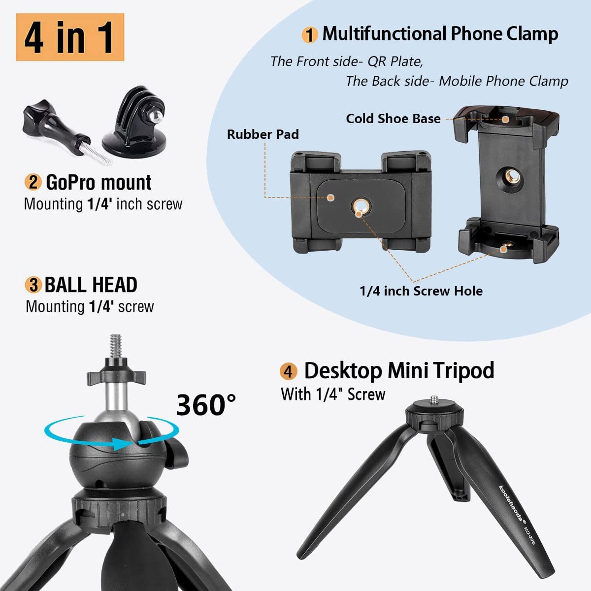 Koolehaoda Mini Tripod Stand with Universal Clip, Small Handheld Grip Tripod Desktop Tabletop Tripod Stand for iPhone/Sports Camera/Compact DLSR/Webcam/Projector - KQ-20S