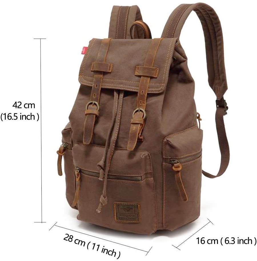 Koolehaoda Vintage Canvas Backpack Leather Rucksack Knapsack Unisex Casual Backpack 15.6-inch Laptop Backpack Hiking Bag