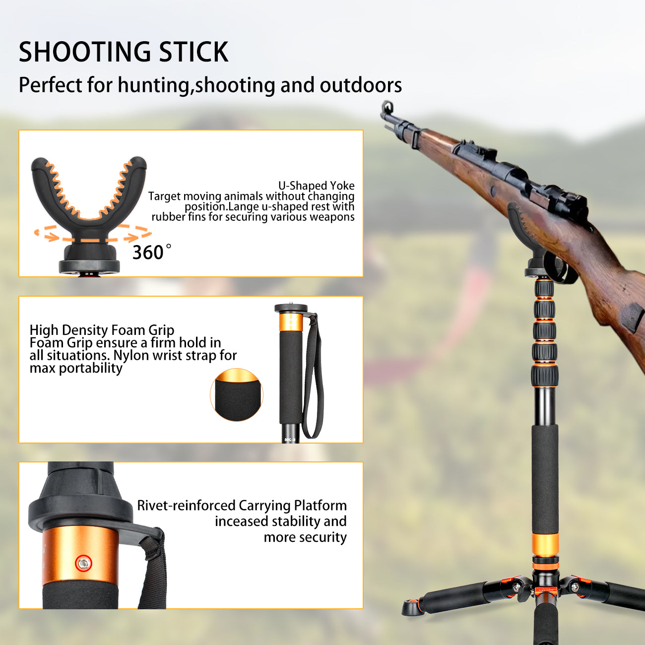 Koolehaoda Shooting Stick Monopod with Tripods Base and 360 Degree Rotate U Yoke Holder Gun Pod Rifle Rest, Adjustable Stick Height for Hunting, Shooting and Outdoors-(K-266+A3)
