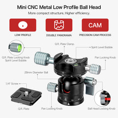 Low-Profile Tripod Ball Head, 360 Degrees Double Panoramic Head Aluminum Alloy Ball Head with 1/4" Quick Release Plate and Bubble Level Max Load 22LBS/10KG for Tripod,Slider and DSLR Camera