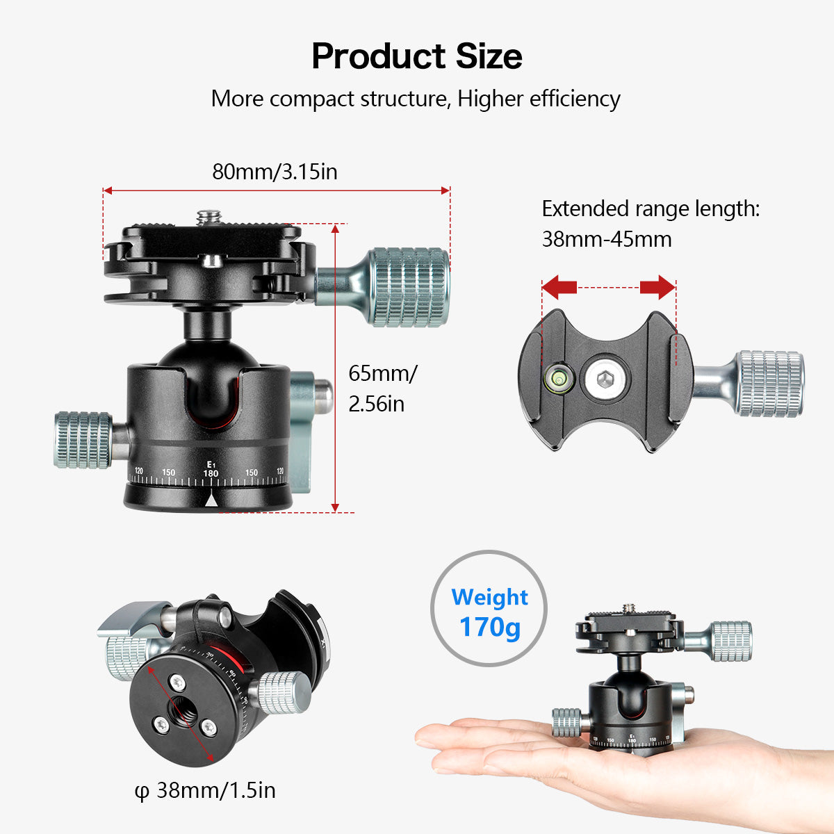 Low-Profile Mini Ball Head 28mm ball diameter with 1/4" Screw Arca-Type QR Plate for Tripod,Slider and DSLR Cameras, Net weight only 170g / 0.38lbs