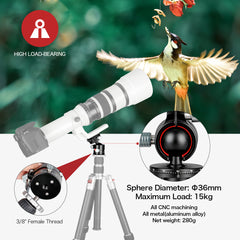 Low Profile Ball Head, 360 Degrees Double Panoramic Head Φ36mm Metal ball diameter and 1/4" Screw Arca-Type QR Plate for DSLR,Tripod. Max Load 33lbs/15kg