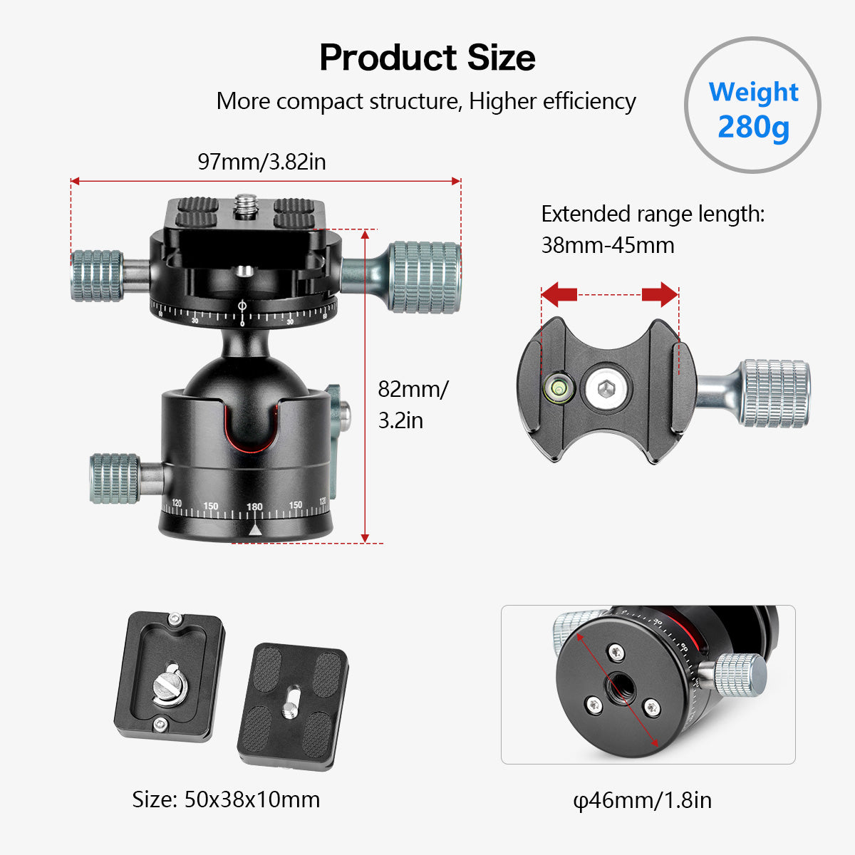 Low Profile Ball Head, 360 Degrees Double Panoramic Head Φ36mm Metal ball diameter and 1/4" Screw Arca-Type QR Plate for DSLR,Tripod. Max Load 33lbs/15kg